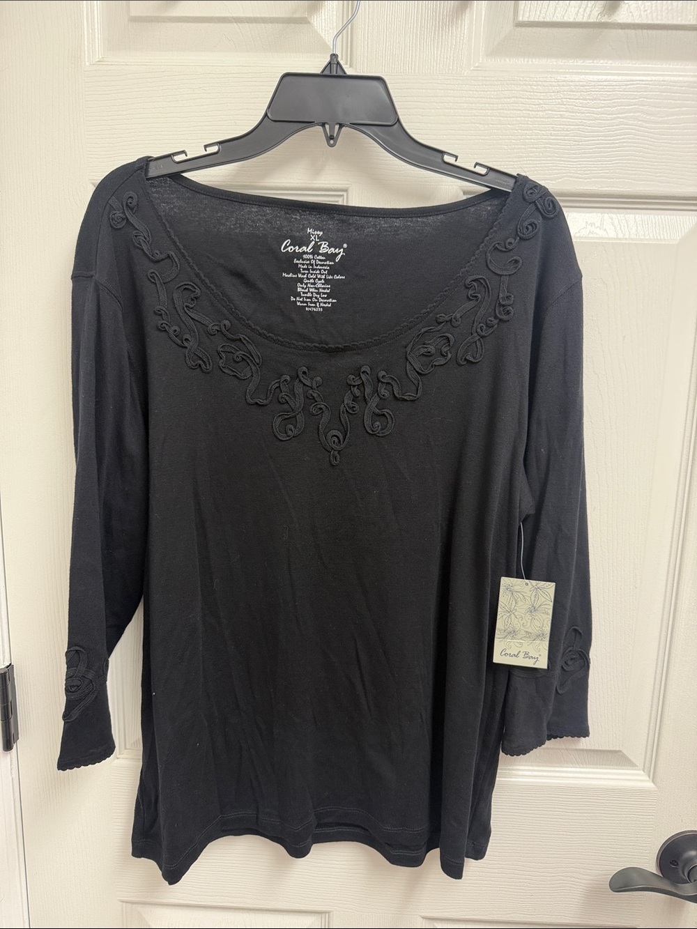 Coral Bay Black 3/4 Sleeve Scoop Neck Top with Embroidered Trim